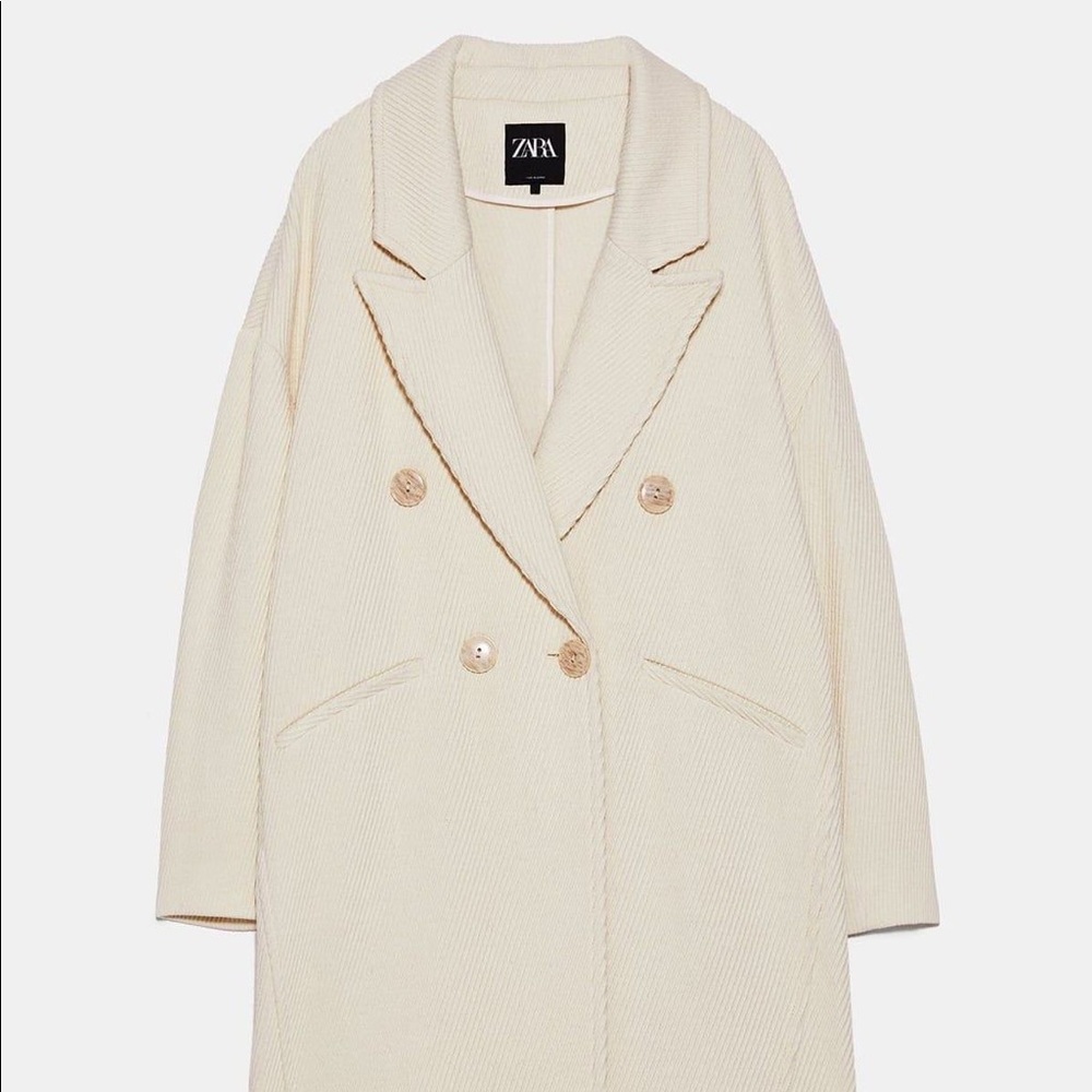 Zara Double Breasted Textured Coat in Ecru Cream
